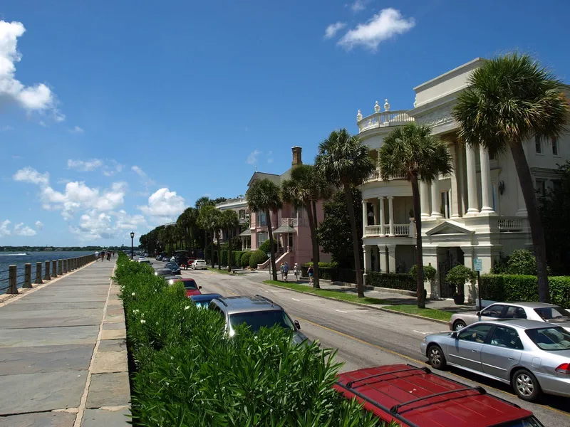 Charleston harbor and church steeples above the rooftop line of the historic district