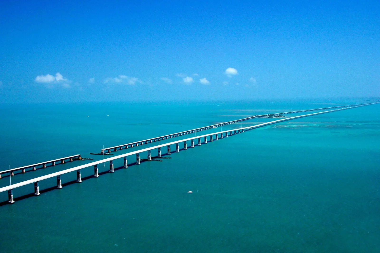The Overseas Highway crossing turquoise water in the Florida Keys toward Key West