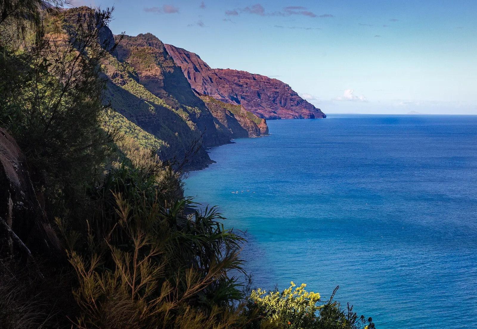 A palm-fringed Hawaiian bay with volcanic cliffs and turquoise water