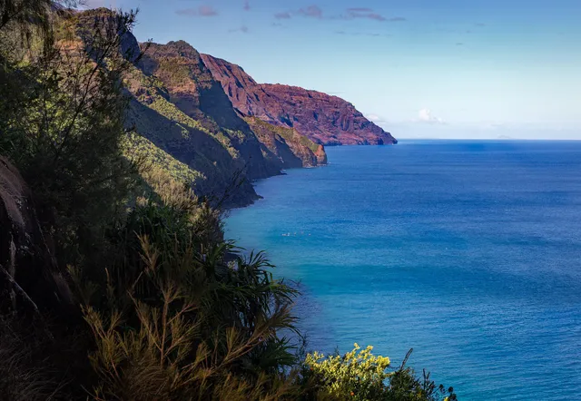 A palm-fringed Hawaiian bay with volcanic cliffs and turquoise water