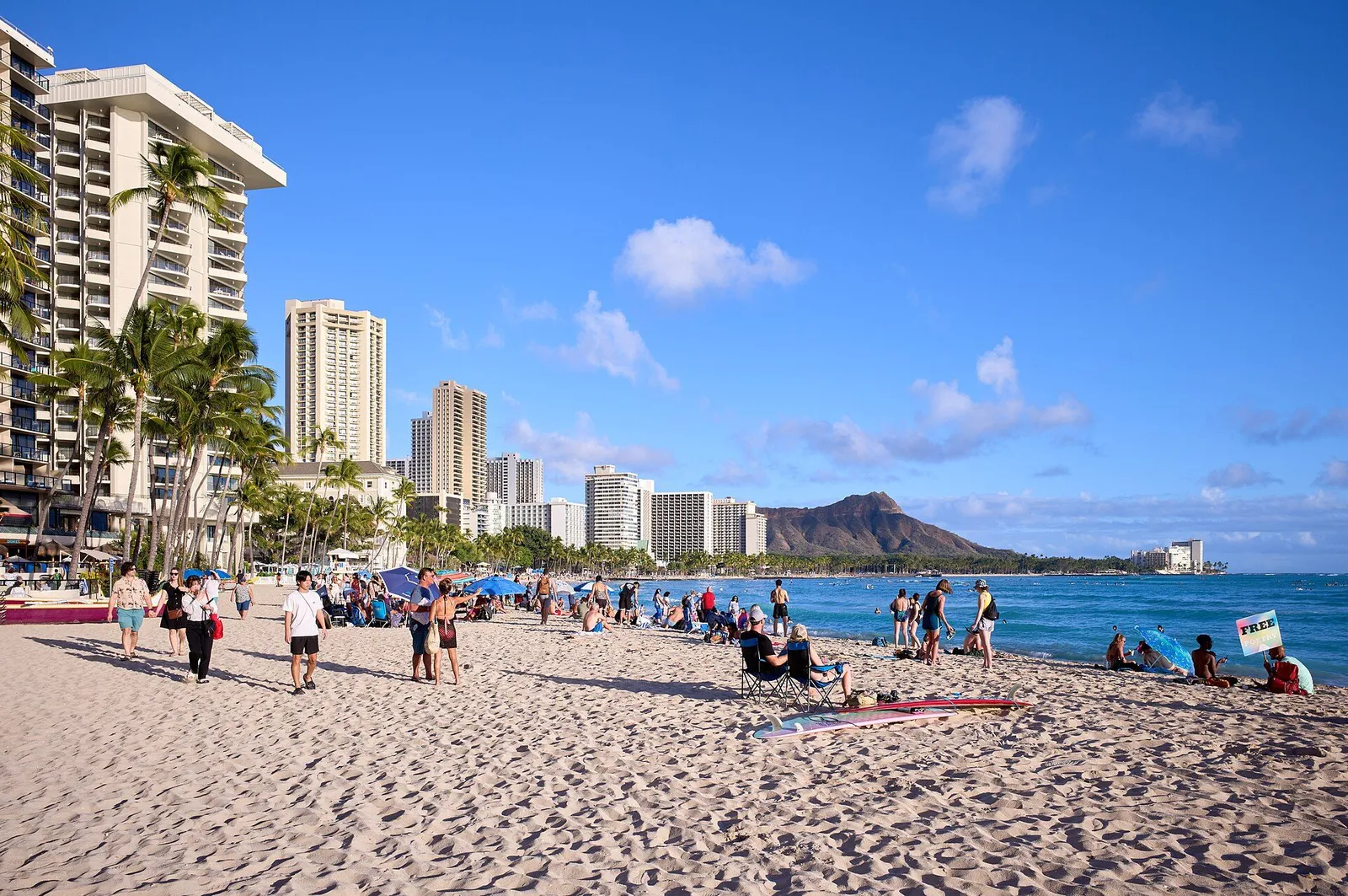Waikiki Beach with the Honolulu skyline and the Diamond Head crater in the background