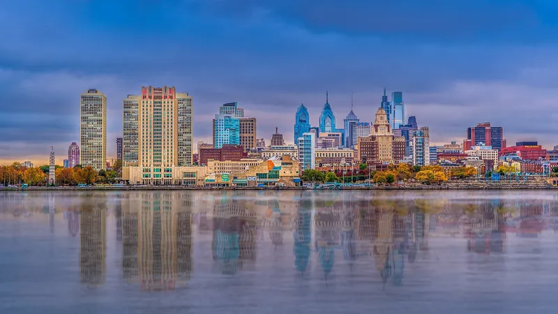 The Philadelphia skyline with Independence Hall's tower in the foreground