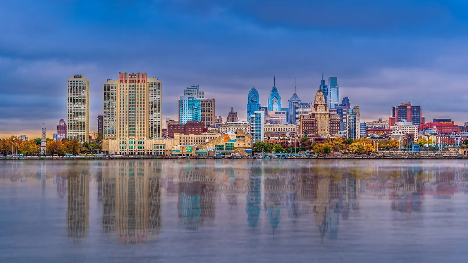The Philadelphia skyline with Independence Hall's tower in the foreground