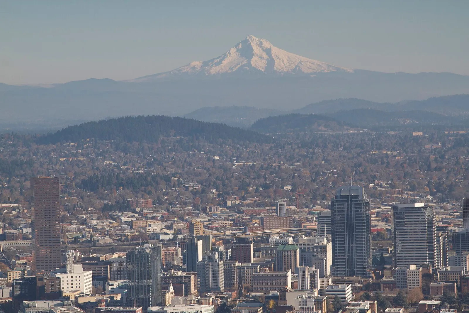 Portland Oregon with Mount Hood rising behind the city skyline
