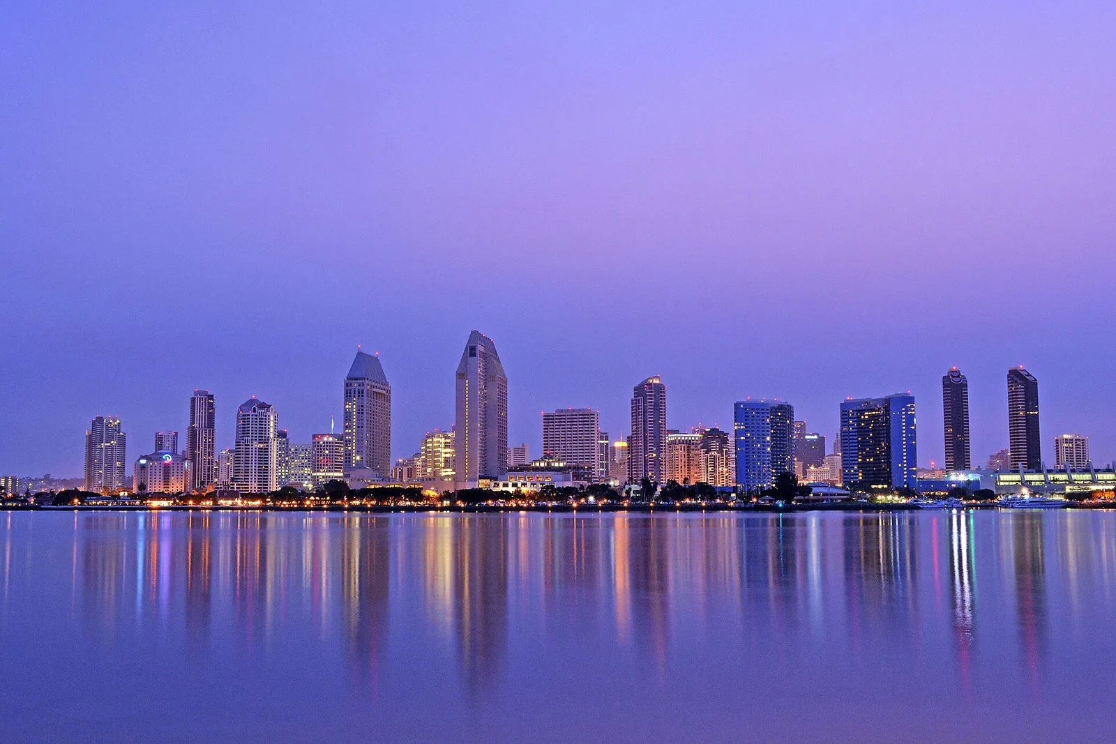 The San Diego skyline and bay with the trees and towers of Balboa Park