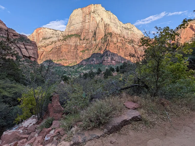 Zion Canyon with red sandstone walls rising above the Virgin River